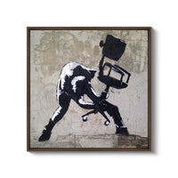 a black and white painting of a man sitting on a chair