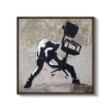 a black and white painting of a man sitting on a chair