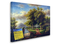 a painting of a river with a sign in front of it