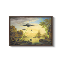 a painting of an alien ship flying over a lake
