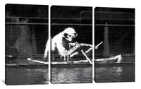 a black and white photo of a monkey in a boat