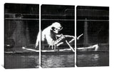 a black and white photo of a monkey in a boat