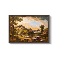 a painting of a landscape with a truck parked in front of it