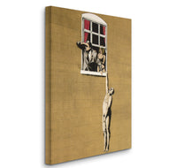 a painting of a man hanging from a window