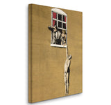 a painting of a man hanging from a window