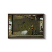 a painting of a man spraying water on a wall