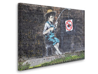a painting on a brick wall of a woman with a fishing rod