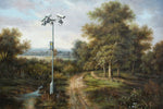 a painting of a road in a wooded area