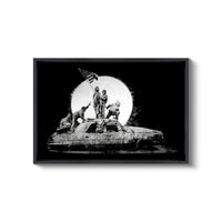 a black and white photo of a car with a flag on top of it