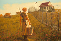 a painting of a person holding a gun in a field