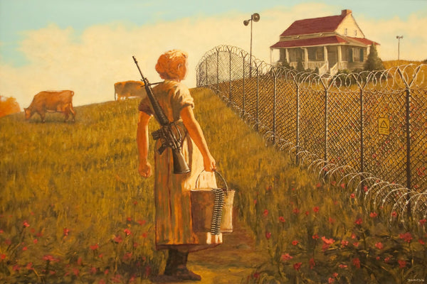 a painting of a person holding a gun in a field