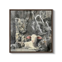 a painting of a lamb sitting in front of a wall