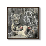 a painting of a lamb sitting in front of a wall