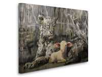 a painting of a sheep sitting in front of a wall