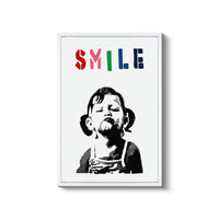 a picture of a child's face with the words smile on it