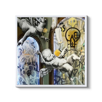 a painting of a man falling off a skateboard