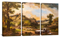 a painting of a landscape with sheep and a car