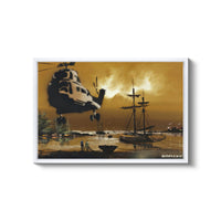 a painting of a helicopter flying over a boat