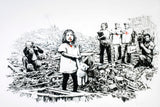 a black and white drawing of a girl standing in front of a group of people