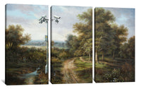 three paintings of trees and a river