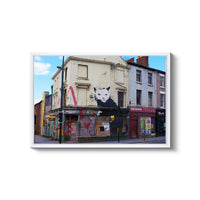 a picture of a cat painted on the side of a building