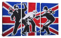 a picture of a painting of two men with a british flag in the background