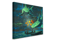 a painting of a shopping cart with sharks in the background