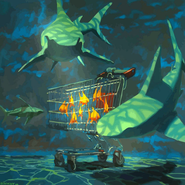 a painting of a shopping cart filled with fire