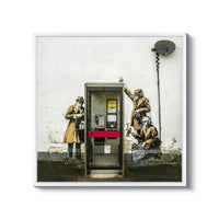 a phone booth with a painting of soldiers on it
