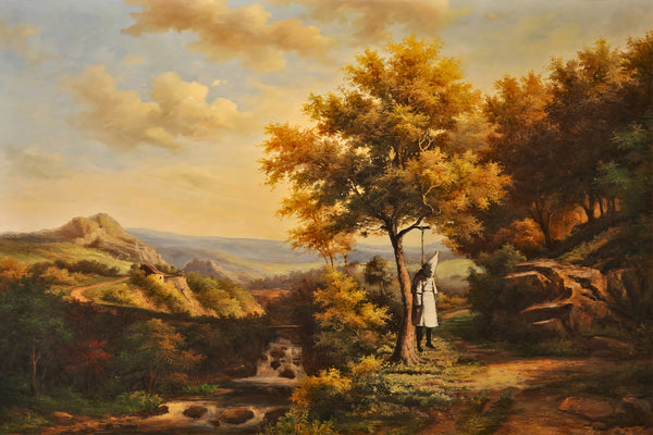 a painting of a man on a swing in a wooded area