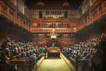 a painting of a courtroom full of people