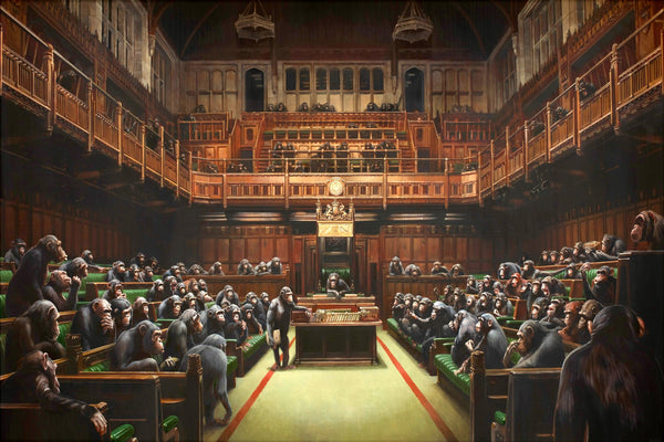 a painting of a courtroom full of people