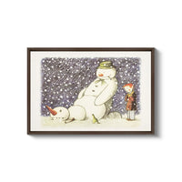 a picture of a snowman and a child in the snow