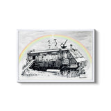 a drawing of a truck with a rainbow in the background