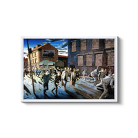 a painting of a crowd of people walking down a street