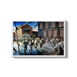 a painting of a crowd of people walking down a street