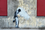 a painting of a man holding a briefcase in front of a wall