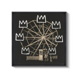 a drawing of a ferris wheel on a black background