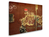 a painting of a man sitting on a bench in front of a wall with graffiti