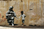 a painting of a soldier holding a child's hand