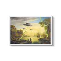 a painting of an alien ship flying over a lake