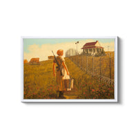 a painting of a woman holding a gun in a field