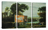 three paintings of people painting a sign
