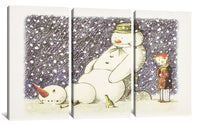 three paintings of a snowman and a child