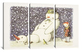 three paintings of a snowman and a child