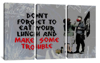 a painting of a man holding a skateboard with words on it