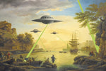 a painting of an alien ship flying over a river