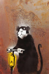 a painting of a black and white cat holding a yellow fire hydrant