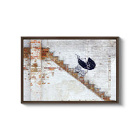 a painting of a bird on a stair case
