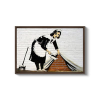 a painting of a woman cleaning a brick wall